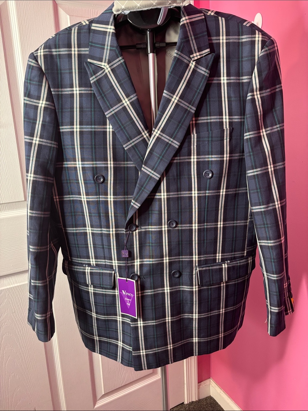 NWT Vinci Zegna Blue Plaid Double Breasted Blazer Sport Coat 44R